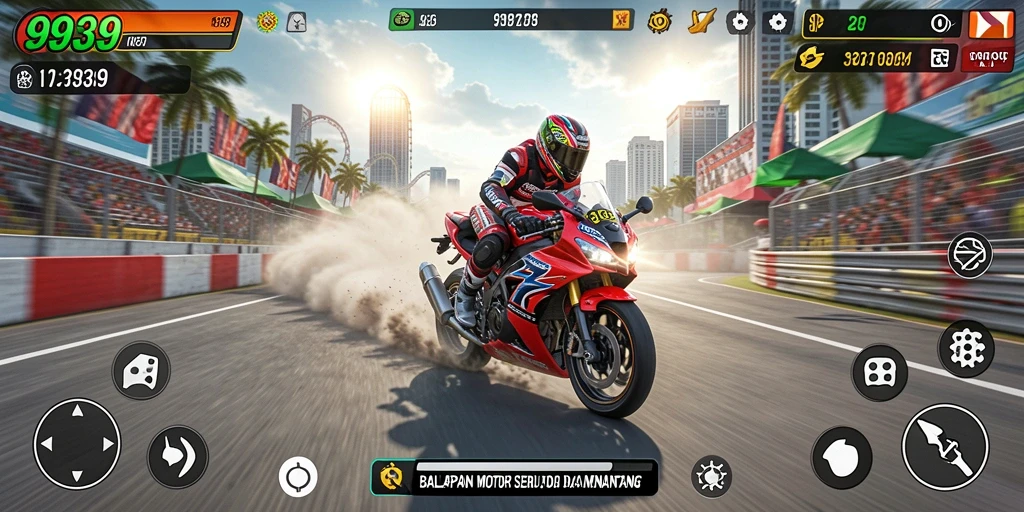 Screenshot utama 9939 menampilkan aksi balapan motor yang mendebarkan.