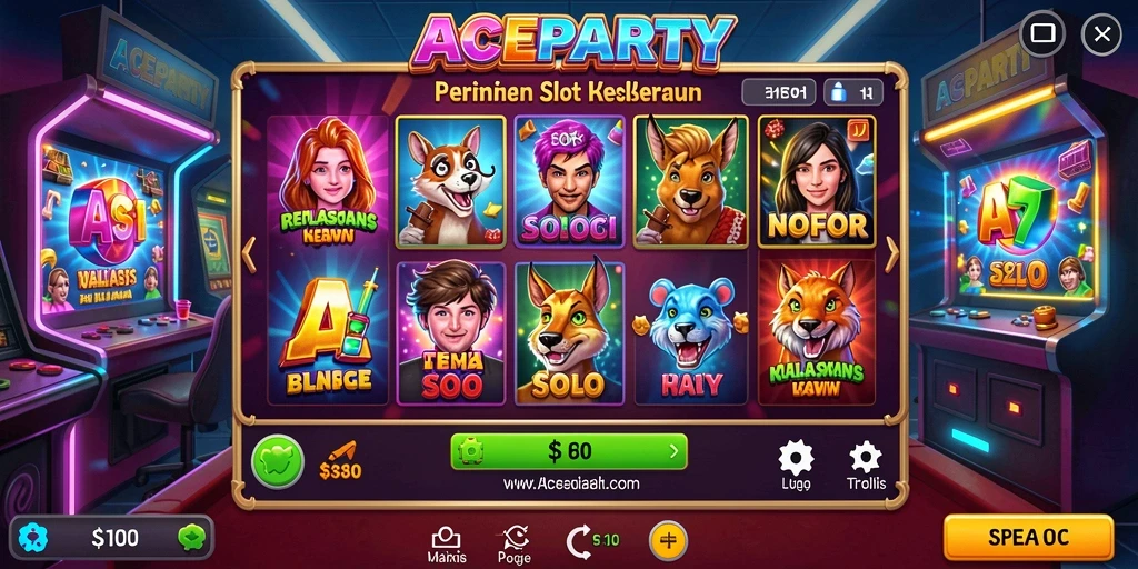 Tampilan gameplay Slot ACEPARTY yang penuh warna dan menarik.