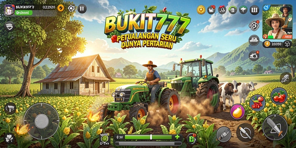Tampilan gameplay menarik BUKIT777 yang penuh warna dan aktivitas pertanian.
