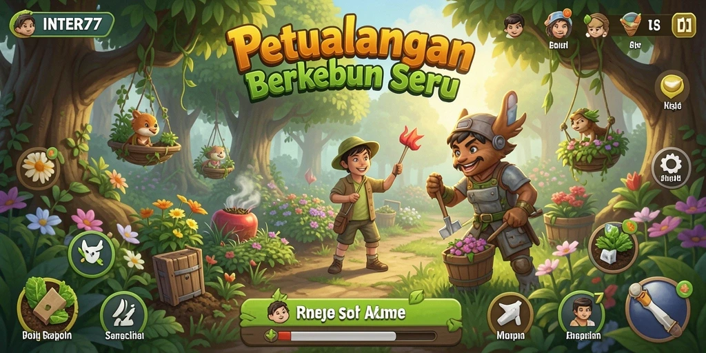 Screenshot INTER77 menunjukkan aktivitas berkebun yang menarik dan berwarna-warni.