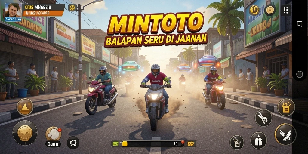 Tampilan gameplay MINTOTO dengan balapan di trek yang menantang.