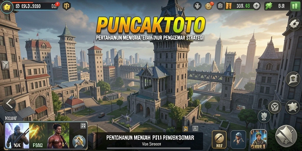 Tampilan gameplay PUNCAKTOTO dengan menara pertahanan yang menarik.