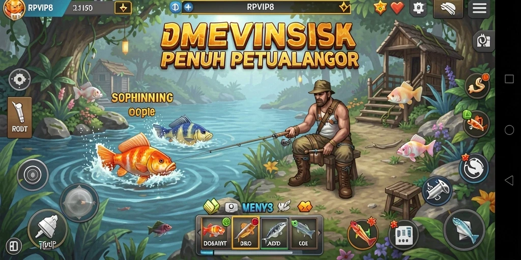 Screenshot utama RPVIP8 menampilkan pemain menjelajahi lokasi memancing yang indah.